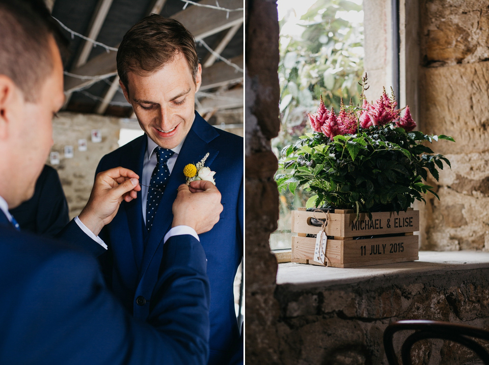 A Suzanne Neville gown and shades fo pink for a colourful wedding at Healey Barn, Northumberland. Photography by John Hope.