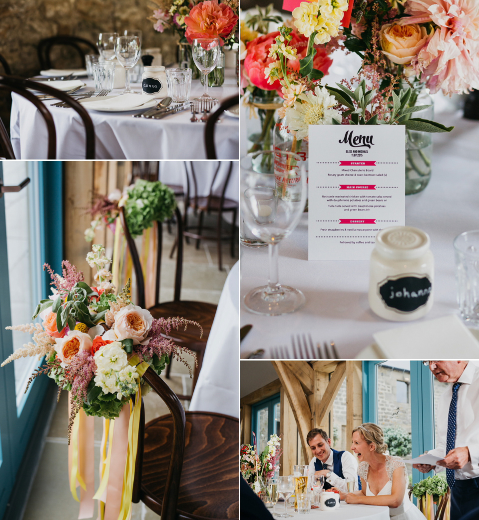 A Suzanne Neville gown and shades fo pink for a colourful wedding at Healey Barn, Northumberland. Photography by John Hope.