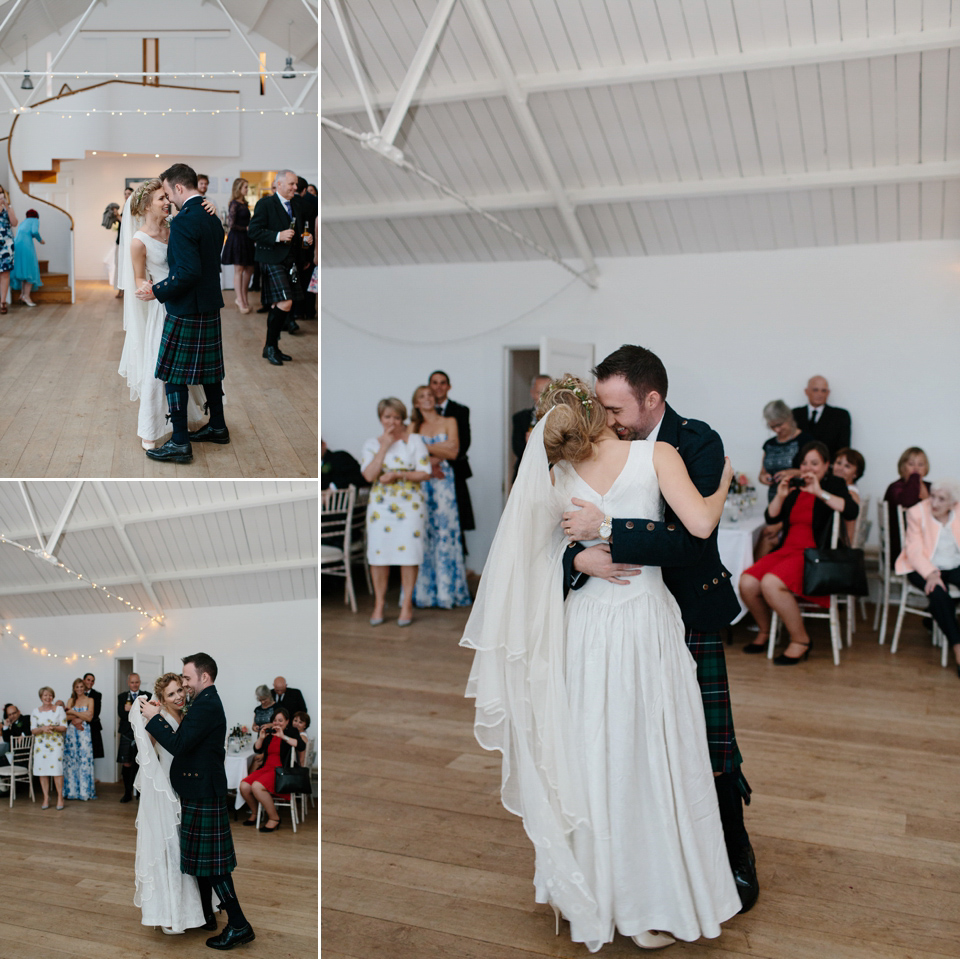 Lauren wears an original vintage 1940s wedding dress and veil for her elegant and colourful wedding at Crear in Scotland. Photography by Caro Weiss.