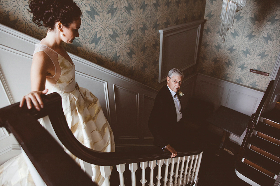 Bride Jennifer wears a gold Lela Rose wedding dress for her Roman Baths wedding. Her maids wear Rachel Gilbert. Images by A Thing Like That Photography.