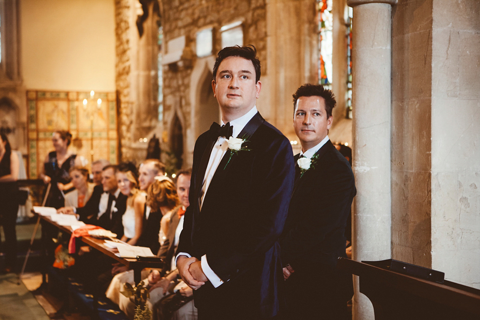 Bride Jennifer wears a gold Lela Rose wedding dress for her Roman Baths wedding. Her maids wear Rachel Gilbert. Images by A Thing Like That Photography.