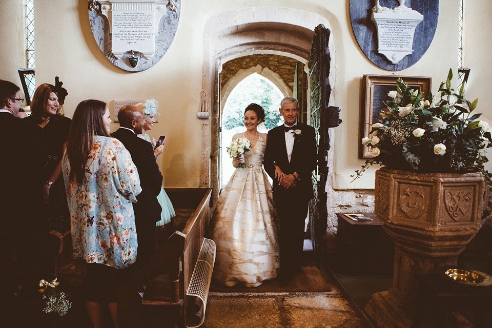 Bride Jennifer wears a gold Lela Rose wedding dress for her Roman Baths wedding. Her maids wear Rachel Gilbert. Images by A Thing Like That Photography.