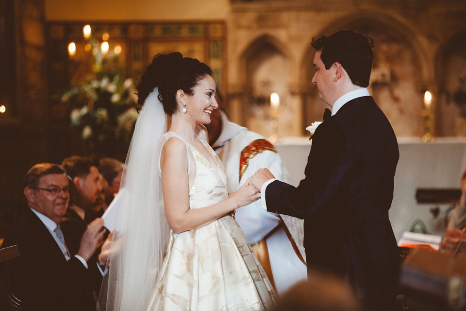 Bride Jennifer wears a gold Lela Rose wedding dress for her Roman Baths wedding. Her maids wear Rachel Gilbert. Images by A Thing Like That Photography.