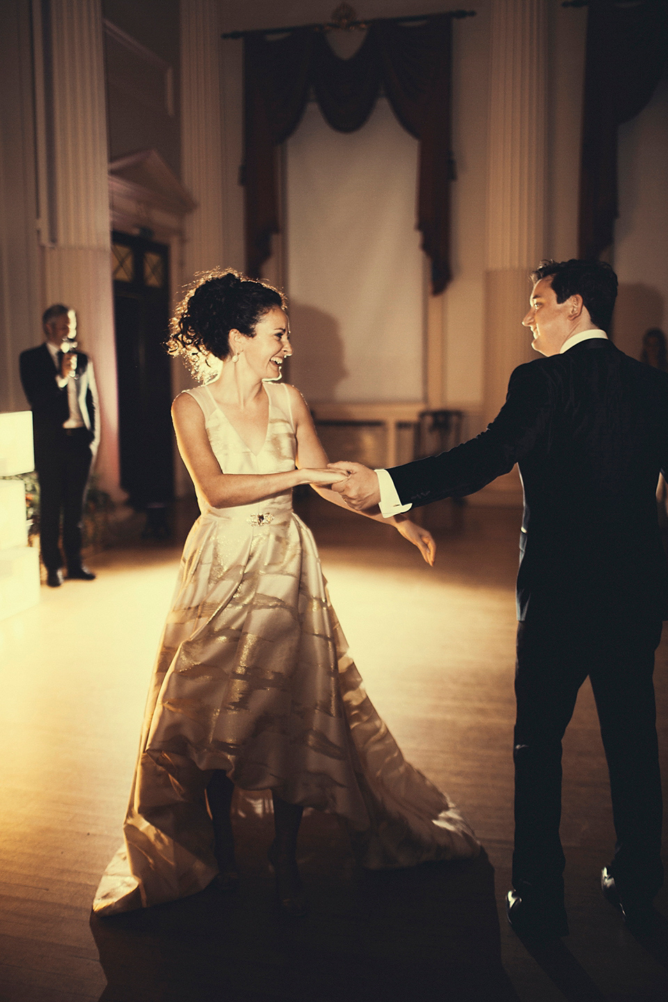 Bride Jennifer wears a gold Lela Rose wedding dress for her Roman Baths wedding. Her maids wear Rachel Gilbert. Images by A Thing Like That Photography.