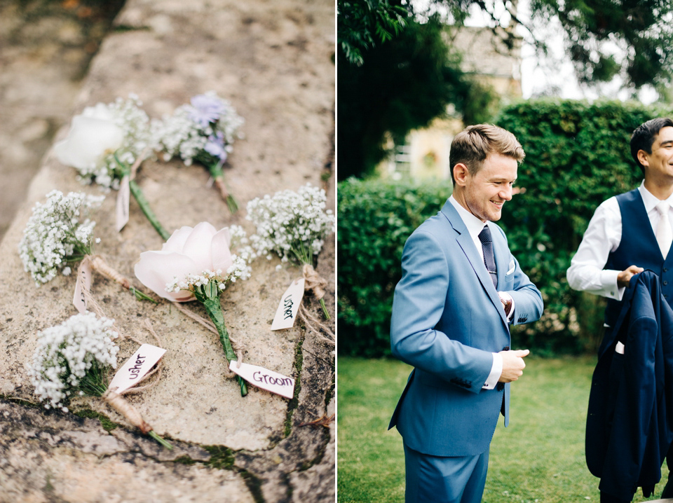 Bride Melanie wears the 'fleur' gown by Naomi Neoh for her Cripps Barn wedding. Her bridesmaids are most pretty in soft pink by 'For Her & For Him'. Images by M&J Photography.