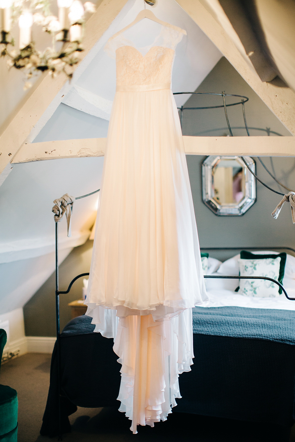 Bride Melanie wears the 'fleur' gown by Naomi Neoh for her Cripps Barn wedding. Her bridesmaids are most pretty in soft pink by 'For Her & For Him'. Images by M&J Photography.