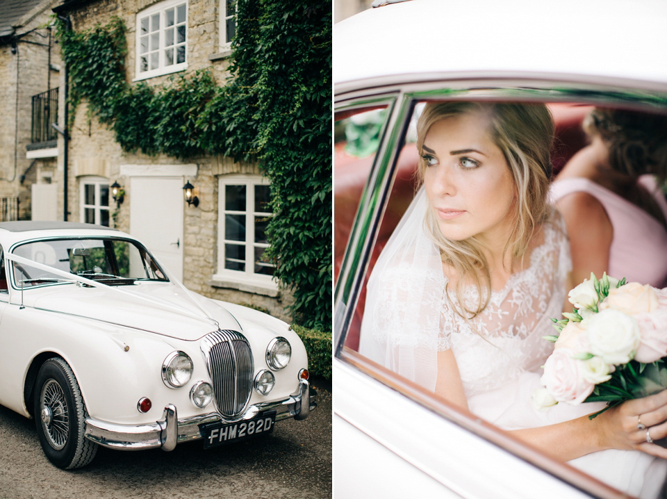 Bride Melanie wears the 'fleur' gown by Naomi Neoh for her Cripps Barn wedding. Her bridesmaids are most pretty in soft pink by 'For Her & For Him'. Images by M&J Photography.