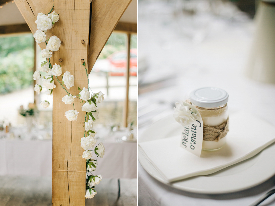 Bride Melanie wears the 'fleur' gown by Naomi Neoh for her Cripps Barn wedding. Her bridesmaids are most pretty in soft pink by 'For Her & For Him'. Images by M&J Photography.