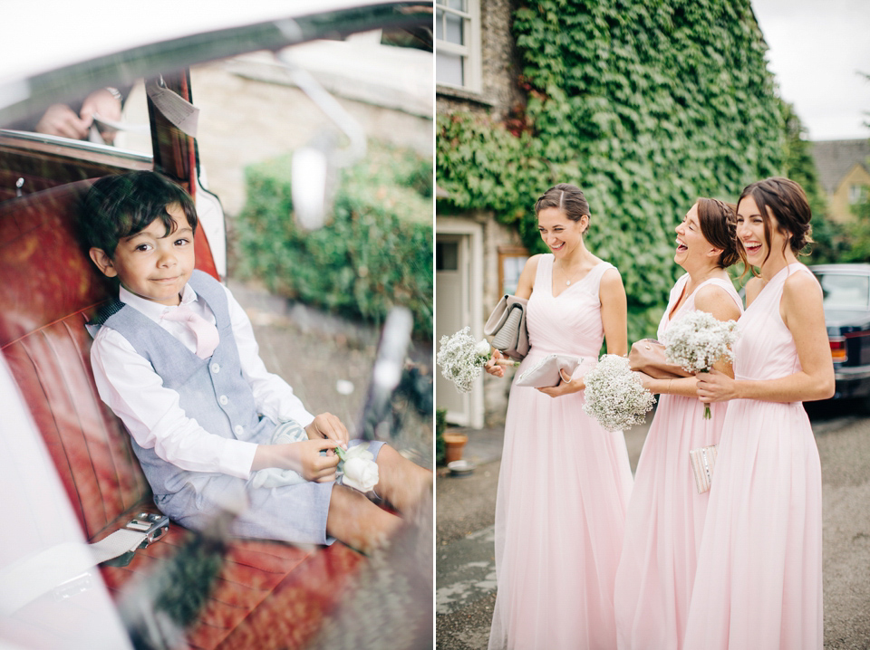 Bride Melanie wears the 'fleur' gown by Naomi Neoh for her Cripps Barn wedding. Her bridesmaids are most pretty in soft pink by 'For Her & For Him'. Images by M&J Photography.