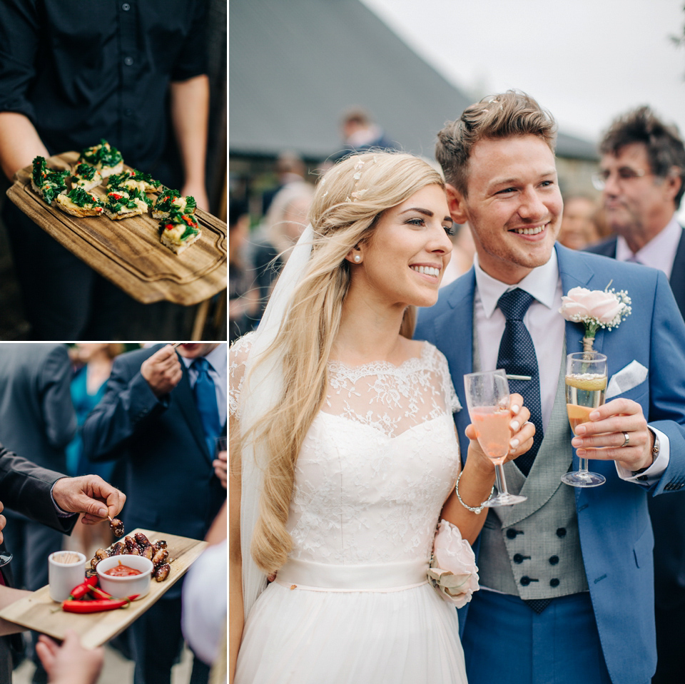 Bride Melanie wears the 'fleur' gown by Naomi Neoh for her Cripps Barn wedding. Her bridesmaids are most pretty in soft pink by 'For Her & For Him'. Images by M&J Photography.