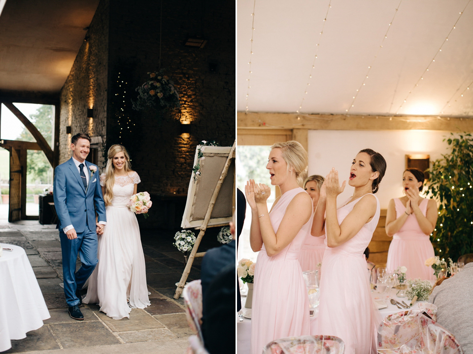 Bride Melanie wears the 'fleur' gown by Naomi Neoh for her Cripps Barn wedding. Her bridesmaids are most pretty in soft pink by 'For Her & For Him'. Images by M&J Photography.