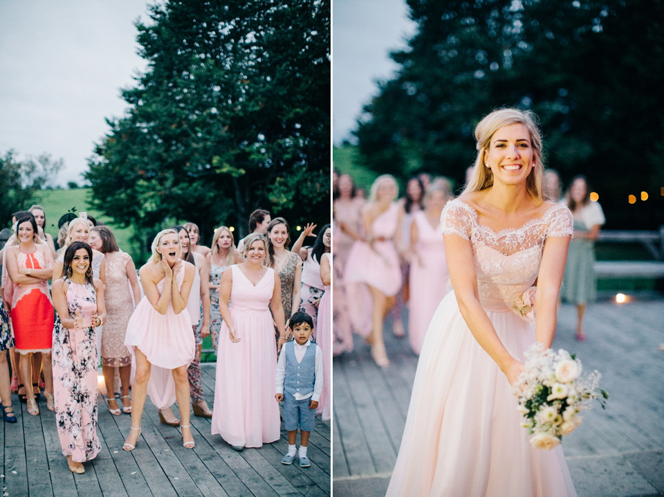 Bride Melanie wears the 'fleur' gown by Naomi Neoh for her Cripps Barn wedding. Her bridesmaids are most pretty in soft pink by 'For Her & For Him'. Images by M&J Photography.
