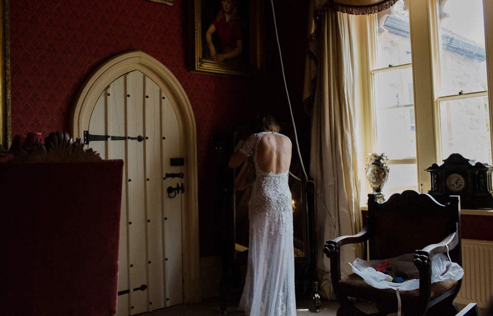 Bride Alex wore a Hermione de Paula gown for her modern, quirky wedding at Maunsel House in Somerset. Photography by Karolina of Hearts on Fire.