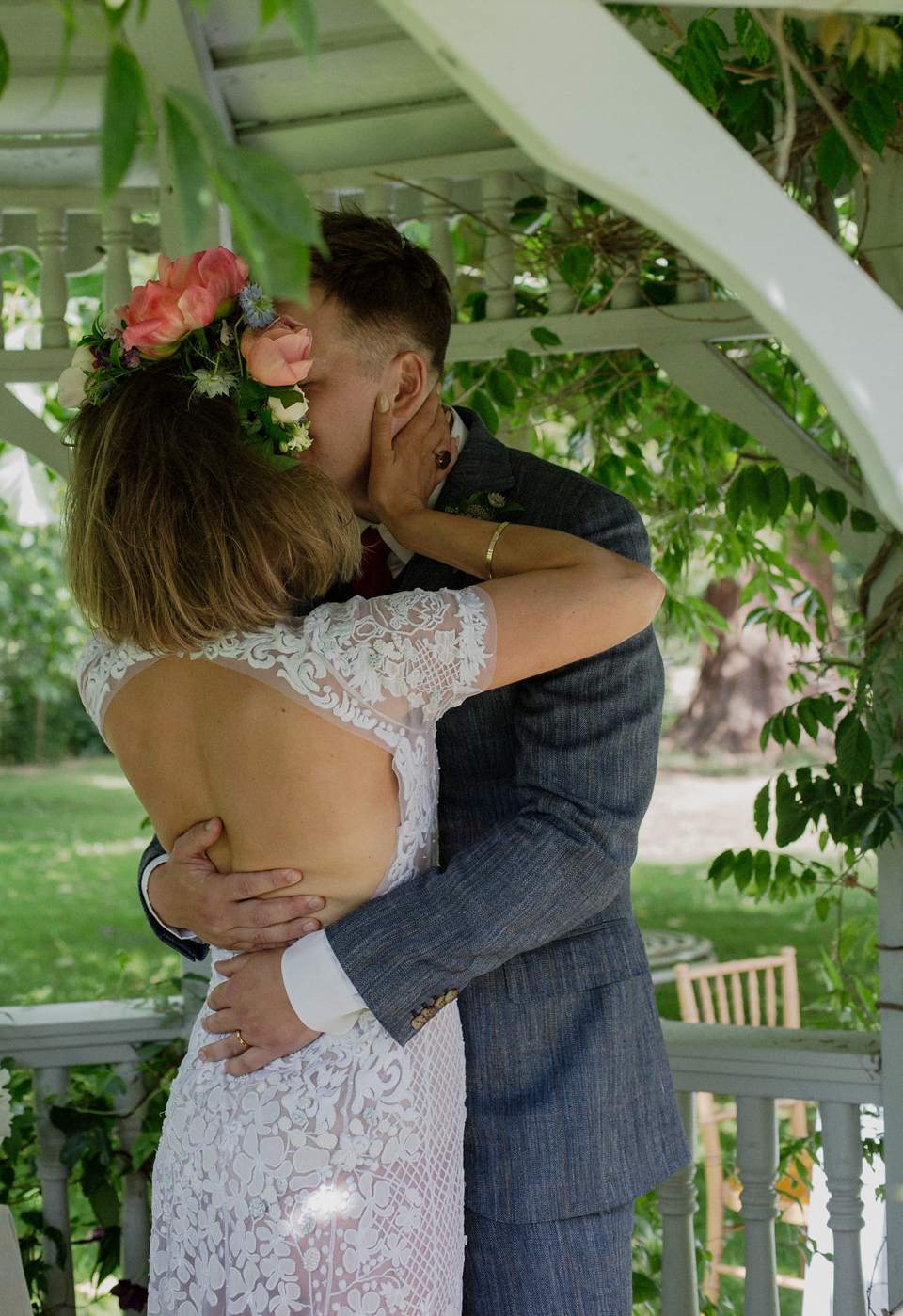 Bride Alex wore a Hermione de Paula gown for her modern, quirky wedding at Maunsel House in Somerset. Photography by Karolina of Hearts on Fire.