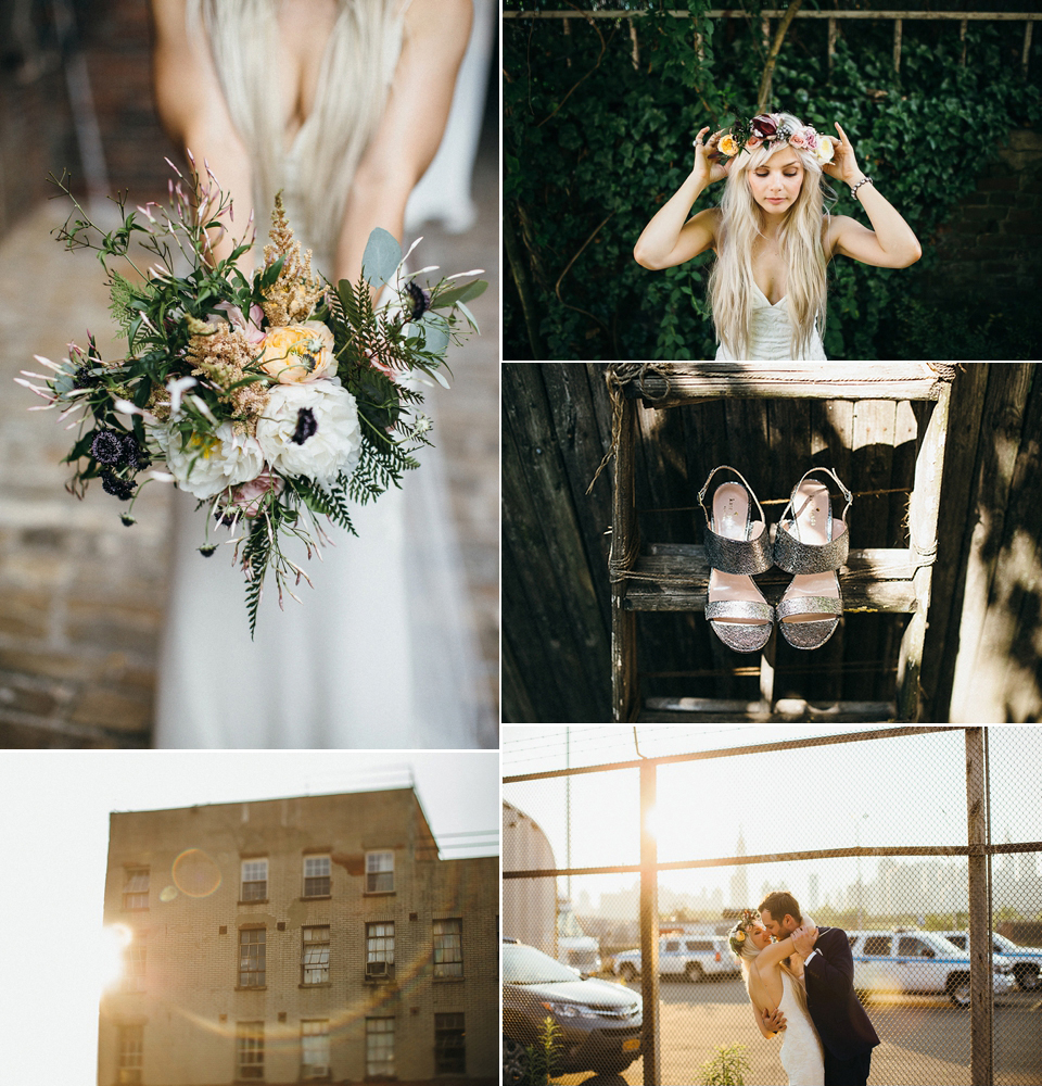 A laid back and romantic disused factory wedding in Brooklyn New York. Bride Maris wore a Nicole Miller gown via BHLDN. Photoggraphy by Jean-Laurent Gaudy.