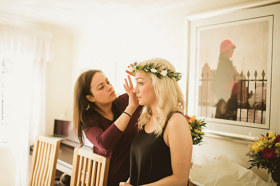 Bride Kate wears a Grace Loves Lace gown for her colourful and Fiesta inspired village hall wedding. Photography by Tom Ravenshear.