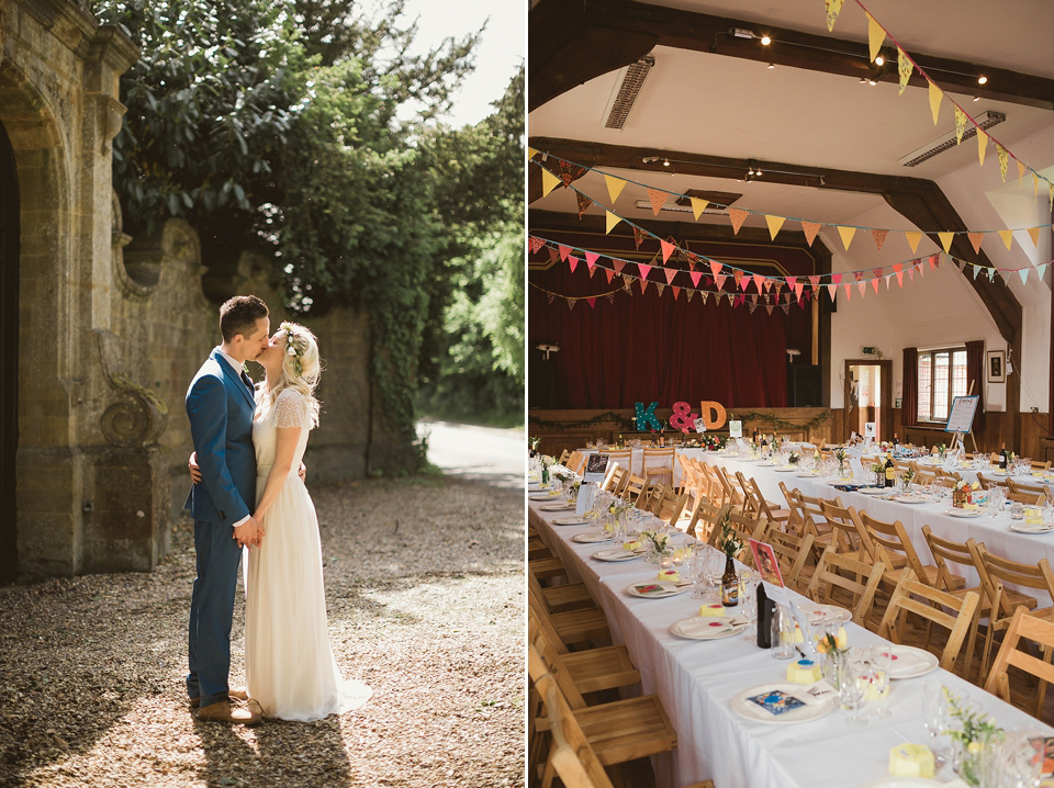 Bride Kate wears a Grace Loves Lace gown for her colourful and Fiesta inspired village hall wedding. Photography by Tom Ravenshear.