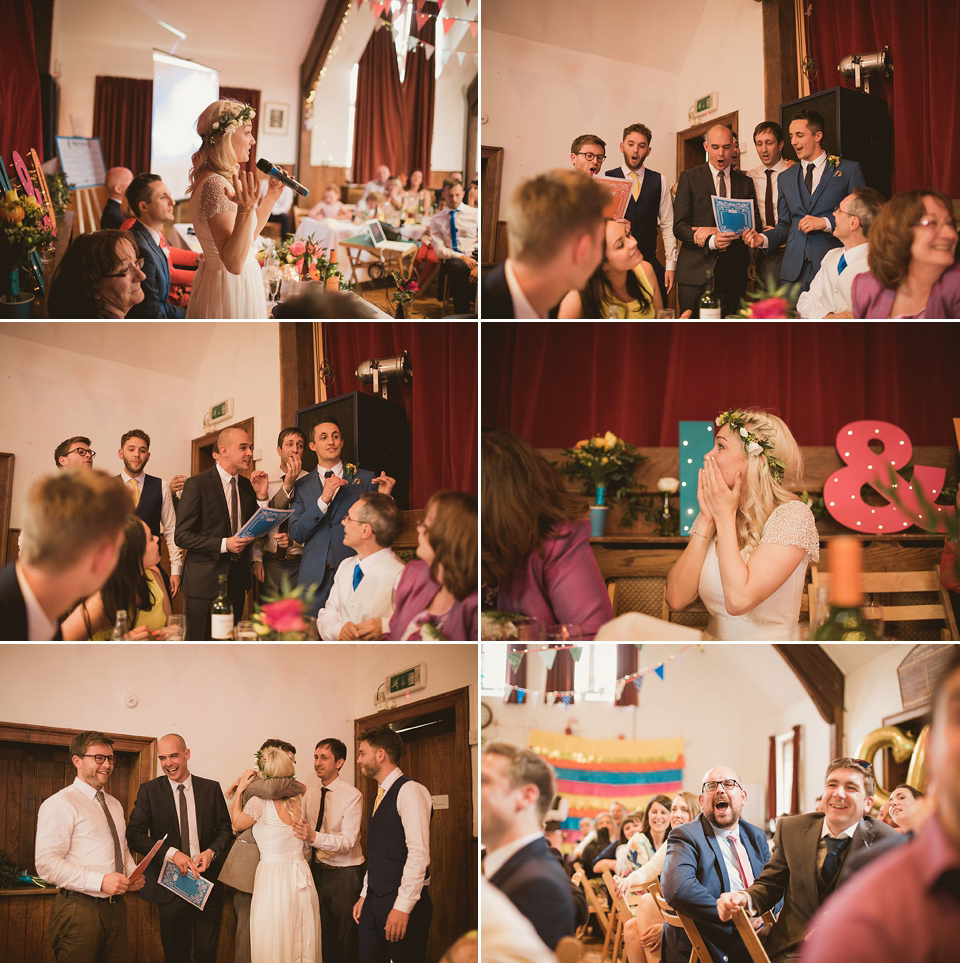 Bride Kate wears a Grace Loves Lace gown for her colourful and Fiesta inspired village hall wedding. Photography by Tom Ravenshear.