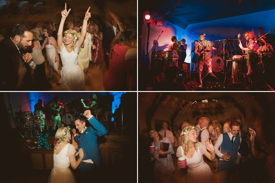 Bride Kate wears a Grace Loves Lace gown for her colourful and Fiesta inspired village hall wedding. Photography by Tom Ravenshear.