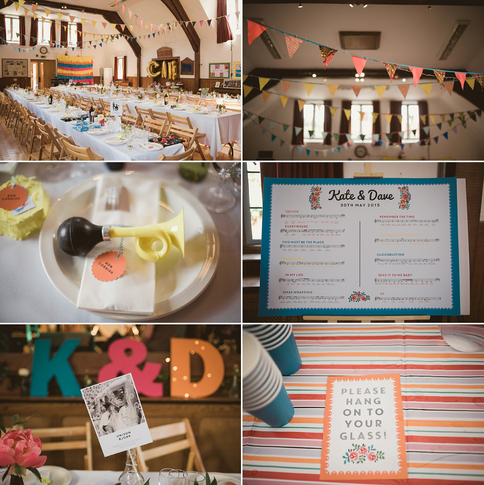 Bride Kate wears a Grace Loves Lace gown for her colourful and Fiesta inspired village hall wedding. Photography by Tom Ravenshear.