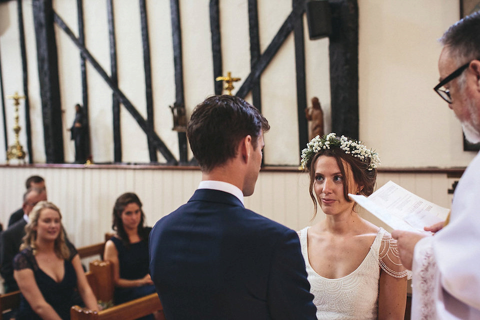 Bride Helen wears a Monsoon wedding dress for her quirky, cloud inspired English garden party wedding. Photography by Red on Blonde.