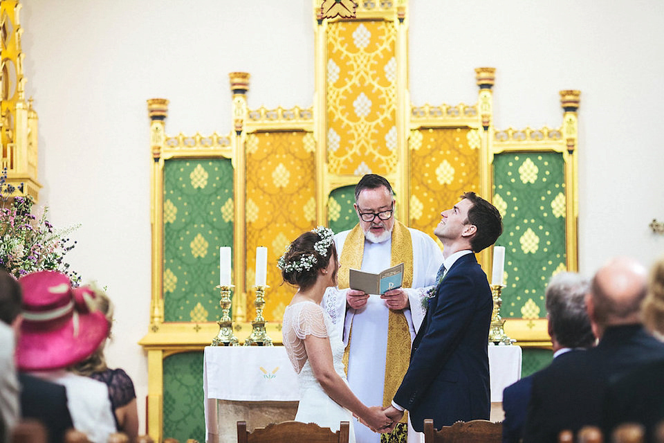 Bride Helen wears a Monsoon wedding dress for her quirky, cloud inspired English garden party wedding. Photography by Red on Blonde.