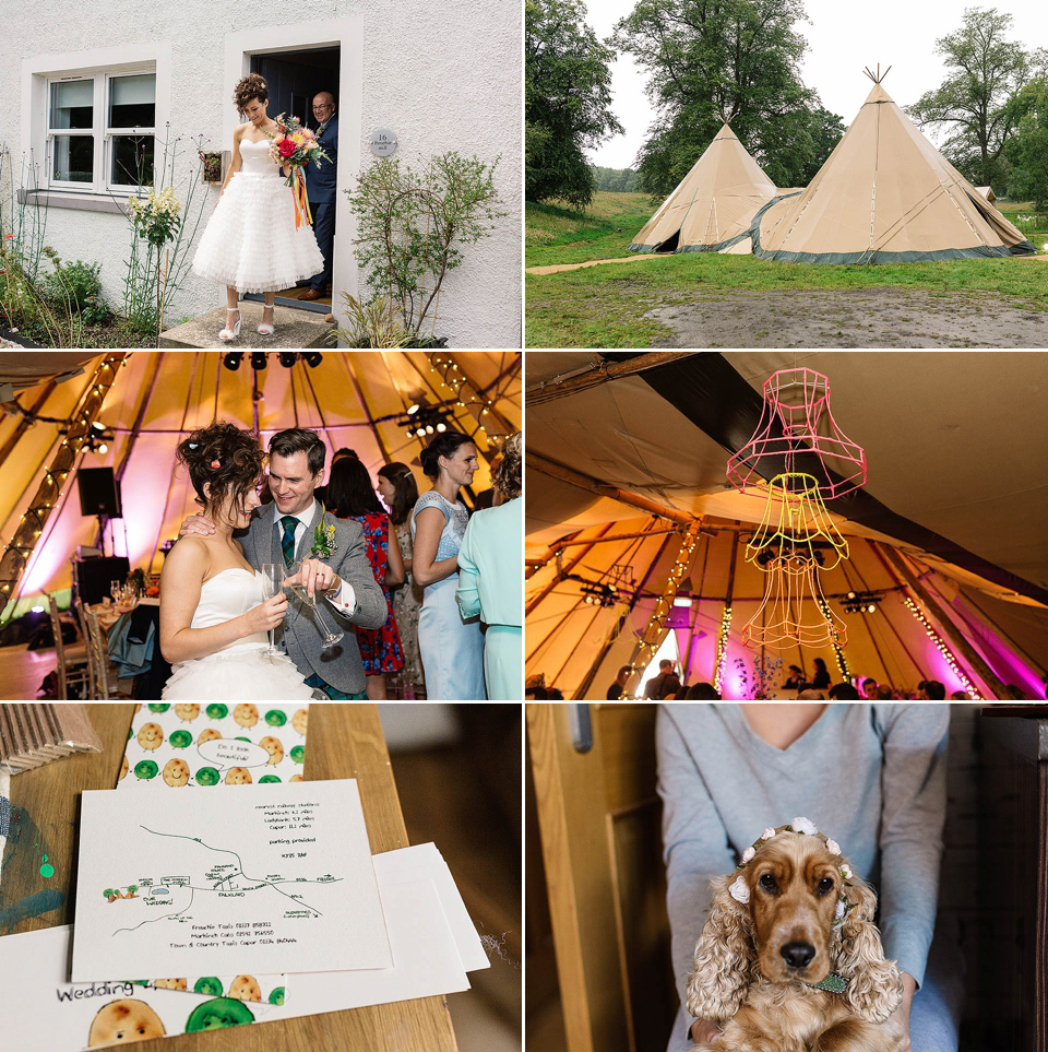 Audrey wore a 1950's inspired tiered wedding dress by Mooshki Bridal for her outdoor wedding in Scotland. The colourful and quirky wedding ceremony was held within the ruins of a chapel. Photography by Paul Joseph.