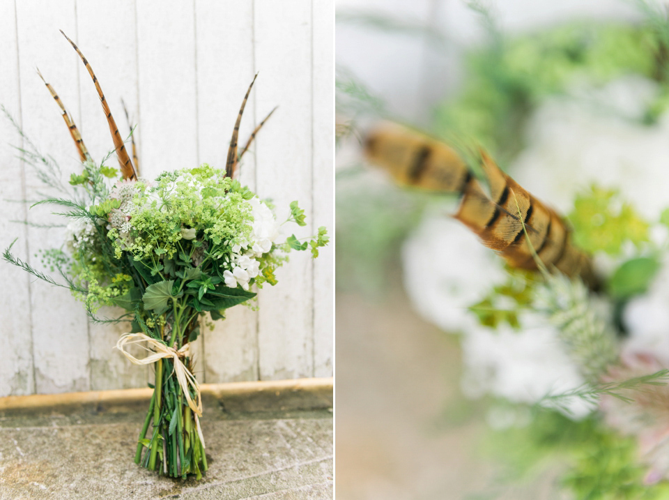 Bride Emma wore Eden by Jenny Packham, a fishtail plait and flowers in her hair for her ourdoor wedding at Baxby Manor. Photography by Sarah Folega.