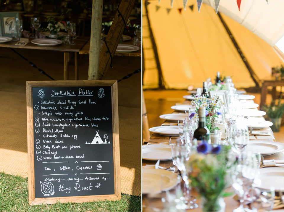 Bride Emma wore Eden by Jenny Packham, a fishtail plait and flowers in her hair for her ourdoor wedding at Baxby Manor. Photography by Sarah Folega.