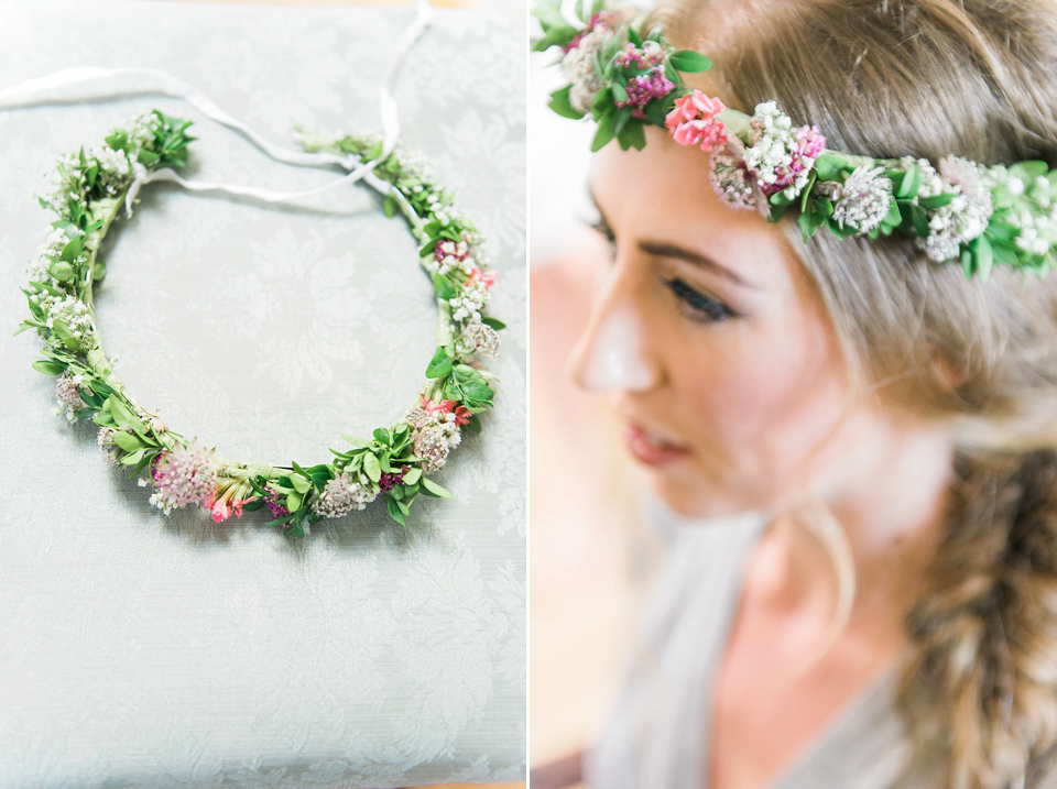 Bride Emma wore Eden by Jenny Packham, a fishtail plait and flowers in her hair for her ourdoor wedding at Baxby Manor. Photography by Sarah Folega.