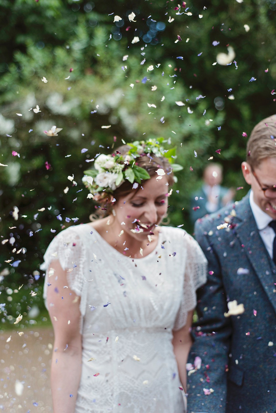 Bride Amy wears a Belle & Bunty Gown for her pretty rustic wedding with 1000 paper cranes. She and her husband David met via the Guardian Soulmates online dating site.