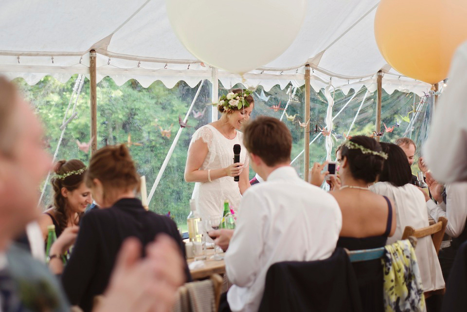 Bride Amy wears a Belle & Bunty Gown for her pretty rustic wedding with 1000 paper cranes. She and her husband David met via the Guardian Soulmates online dating site.