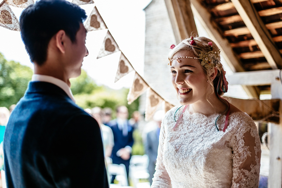 Lucy wore an Ellis Bridals gown for her quirky and colourful outdoor wedding. Photography by Cassandra Lane.