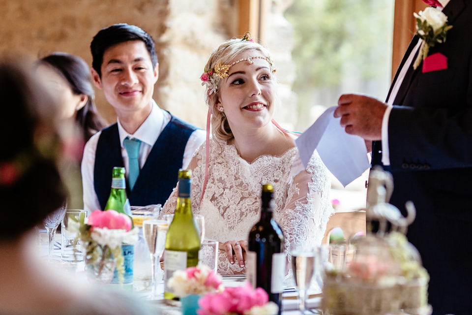 Lucy wore an Ellis Bridals gown for her quirky and colourful outdoor wedding. Photography by Cassandra Lane.