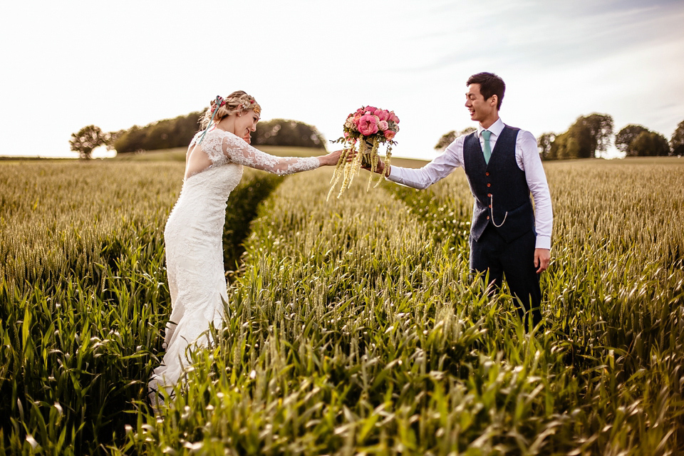 Lucy wore an Ellis Bridals gown for her quirky and colourful outdoor wedding. Photography by Cassandra Lane.