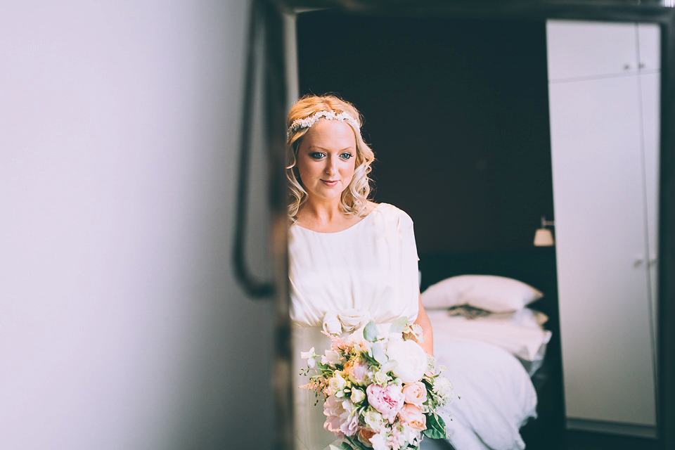 Bride Rosie wore a Belle & Bunty gown for her city wedding. Photography by Tom Biddle.