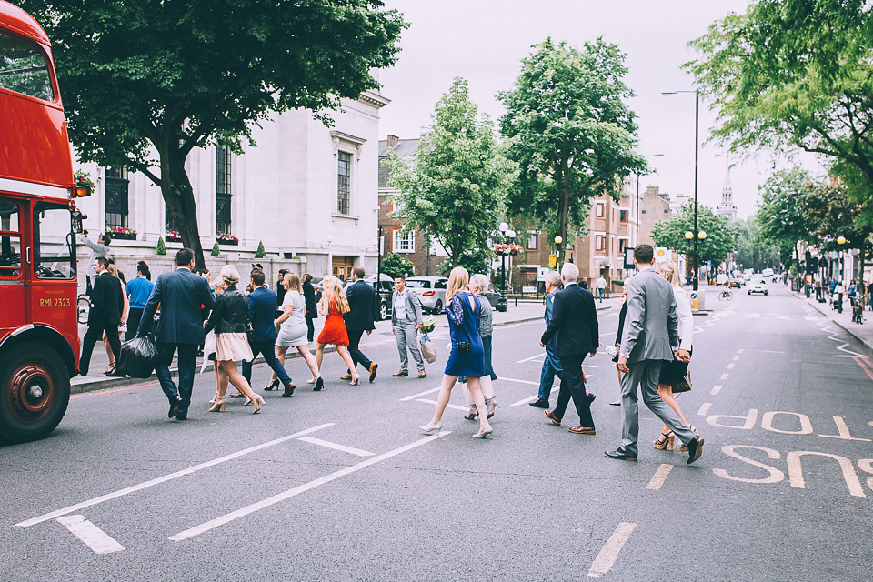 Bride Rosie wore a Belle & Bunty gown for her city wedding. Photography by Tom Biddle.