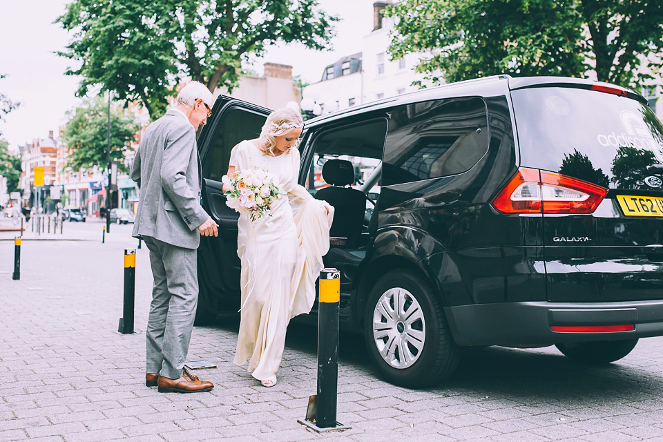 Bride Rosie wore a Belle & Bunty gown for her city wedding. Photography by Tom Biddle.