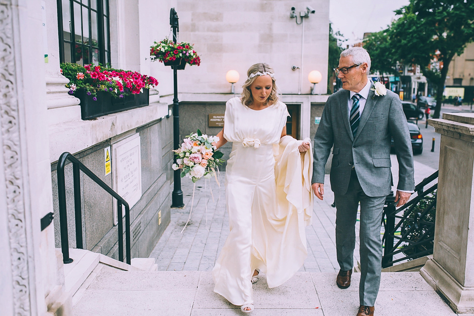 Bride Rosie wore a Belle & Bunty gown for her city wedding. Photography by Tom Biddle.