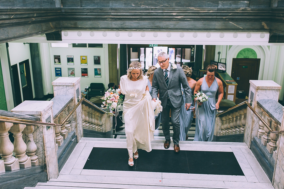 Bride Rosie wore a Belle & Bunty gown for her city wedding. Photography by Tom Biddle.