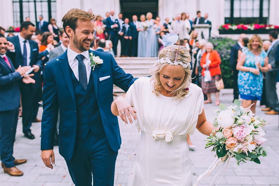 Bride Rosie wore a Belle & Bunty gown for her city wedding. Photography by Tom Biddle.