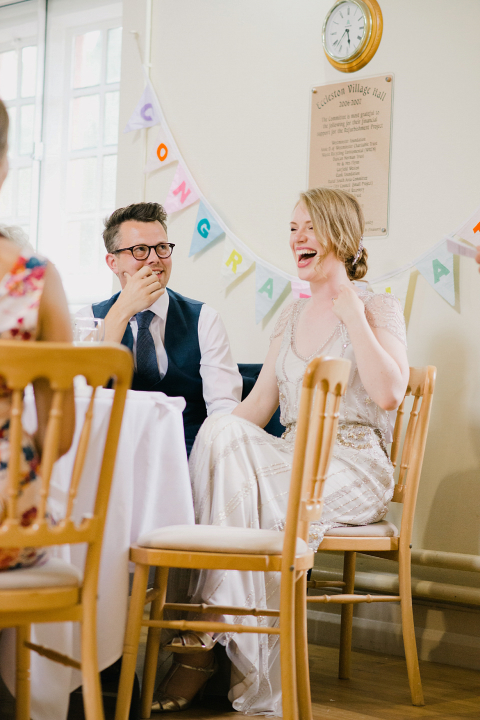 Kat wears Eden by Jenny Packham for her pretty Summer village hall wedding. Photography by Emma B.