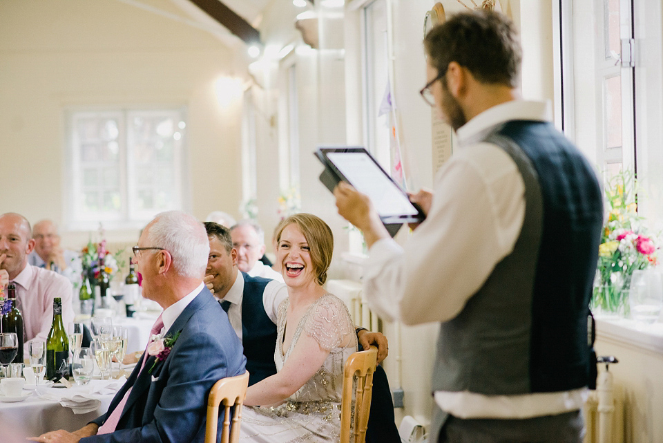 Kat wears Eden by Jenny Packham for her pretty Summer village hall wedding. Photography by Emma B.