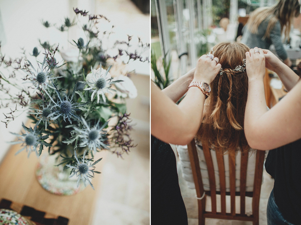 Bride Jess made her wedding dress herself. She tied the knot with Jordan in a woodland inspired wedding. Photography by Ali Paul.