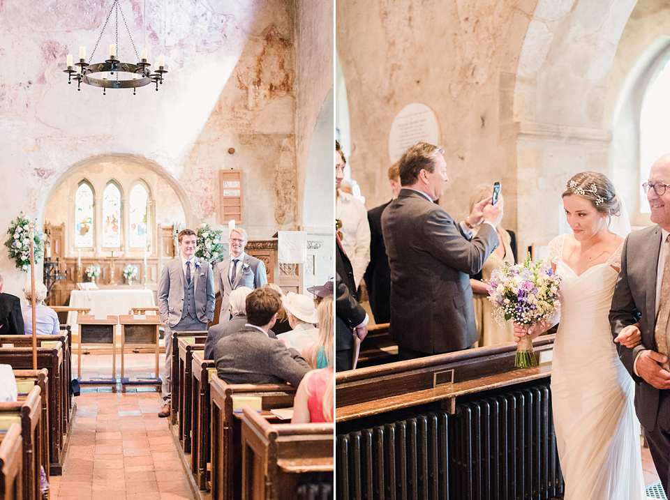 Bride Daisy wore a Stella York gown for her pale blue and flower filled Summer wedding in the English countryside. Photography by Faye Cornhill.