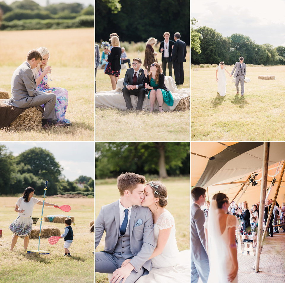 Bride Daisy wore a Stella York gown for her pale blue and flower filled Summer wedding in the English countryside. Photography by Faye Cornhill.