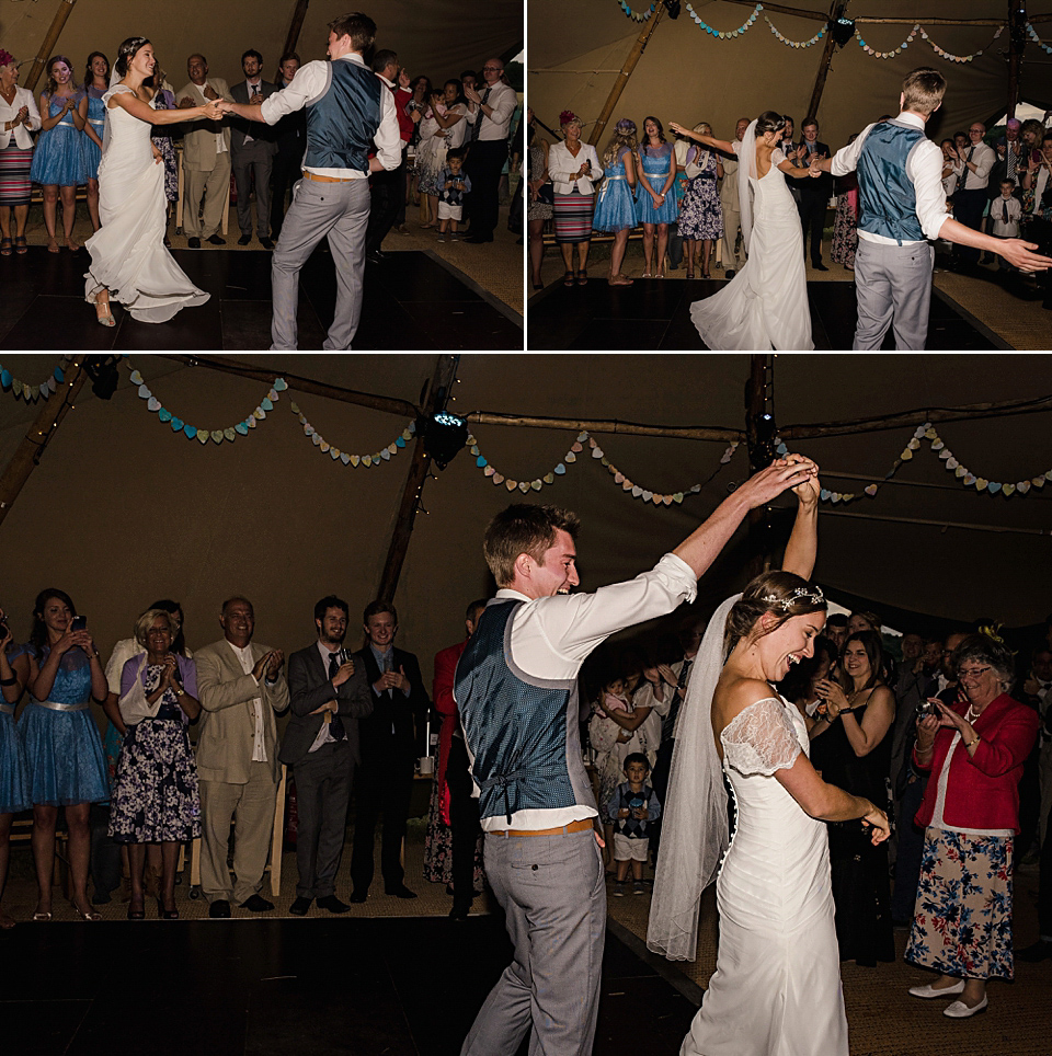 Bride Daisy wore a Stella York gown for her pale blue and flower filled Summer wedding in the English countryside. Photography by Faye Cornhill.