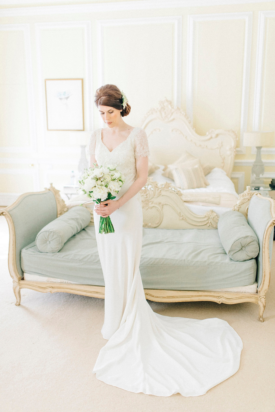 Bride Laura wears an Anoushka G gown for her late Summer wedding at Eshott Hall in Northumberland. Photography by Sarah Jane Ethan.