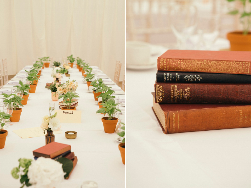 Bride Jenny wore a Rosa Clara wedding dress and a second shorter dress for dancing in at her pale green and botanical inspired wedding. Photography by Mirrorbox.