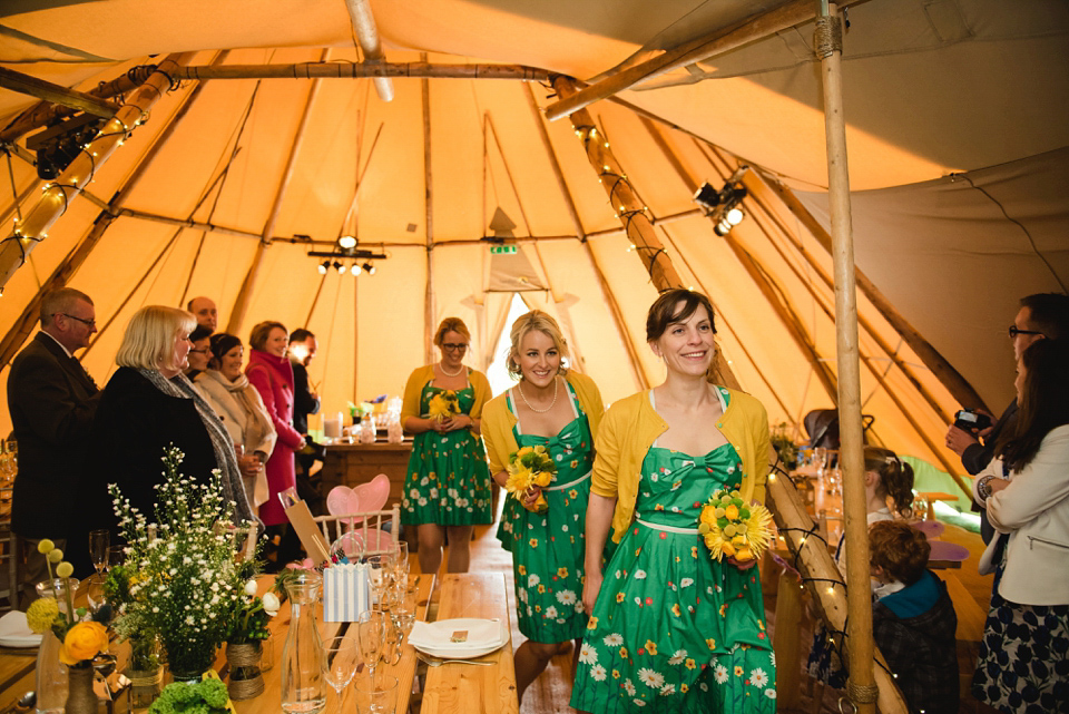 A 1950's vintage dress for a yellow and green Humanist tipi wedding in Scotland. Images by Mack Photo.